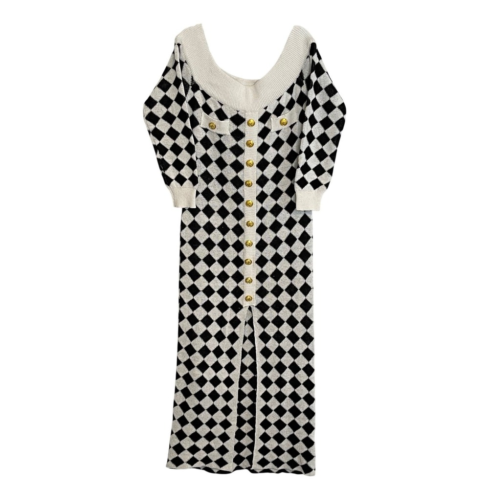 Xpluswear Black White Argyle Knit Maxi Dress Off Shoulder‎ Gold Buttons Sweater